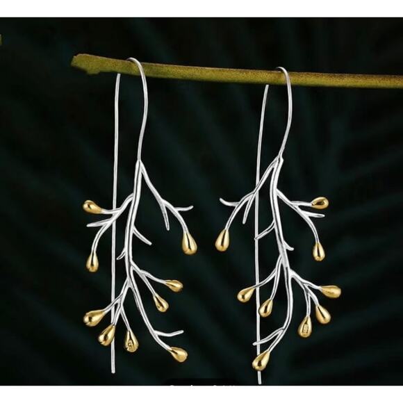 Dainty Minimalist Silver & Gold Twig Dangle Earrings - Picture 1 of 6